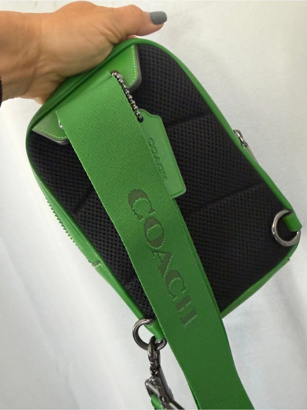 Coach Bright Green Crossbody with Black Padded Panel and Branded Strap